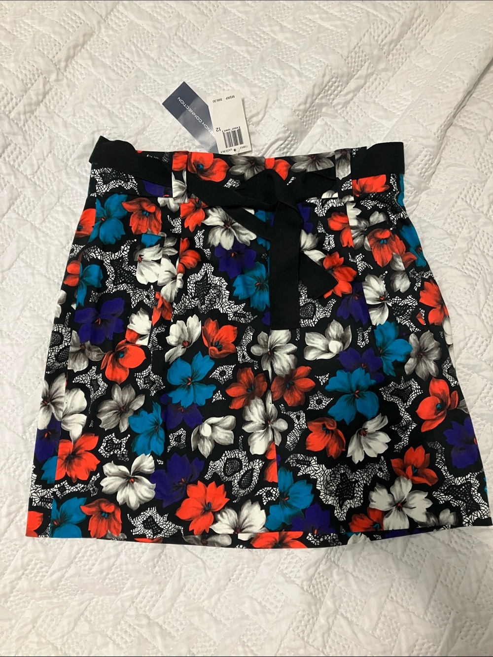 French Connection , women’s 12, Black Multi Floral Tie-Waist Mini Skirt